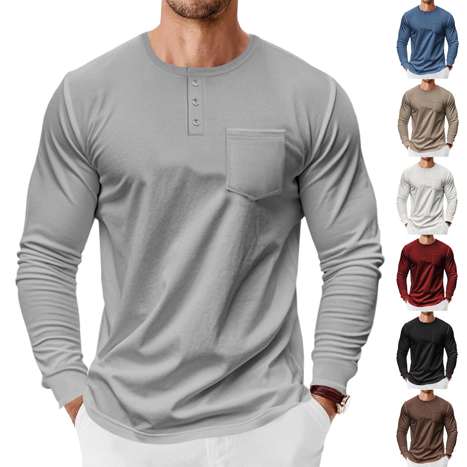 Men's Spring And Autumn Henley Shirt Long Sleeve