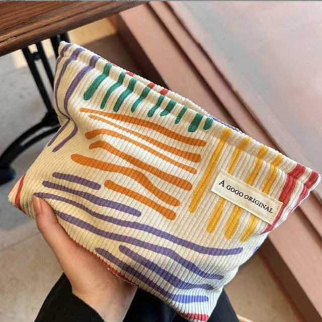 Corduroy Contrast Color Striped Make-up Bag